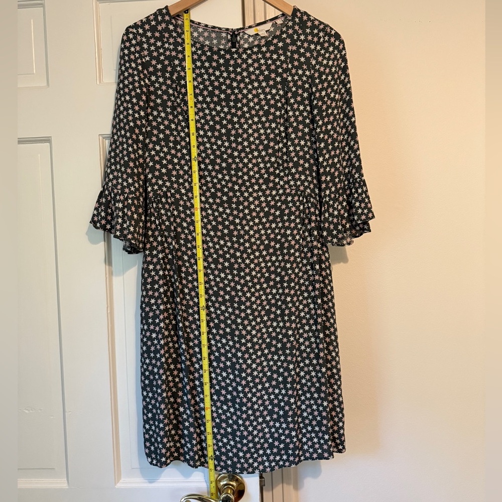 Boden Deep Green, Pink and White Midi Dress with Bell Sleeves